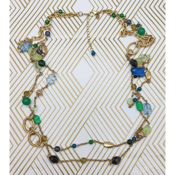 Lia Sophia Long Double Strand Beaded Necklace Brushed Gold Tone Green Blue 40" - Picture 10 of 11